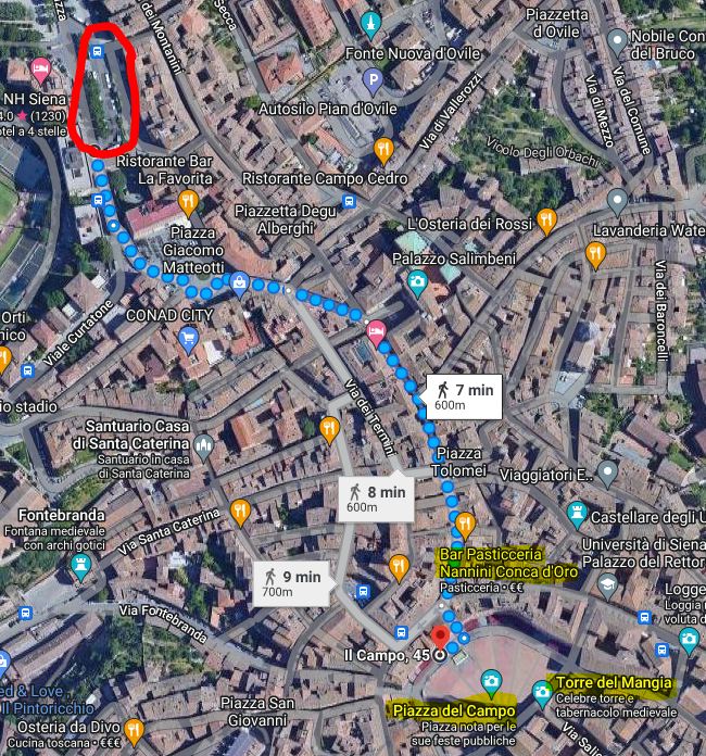 Walk from Arrival Site to Piazza del Campo is 600 meters only